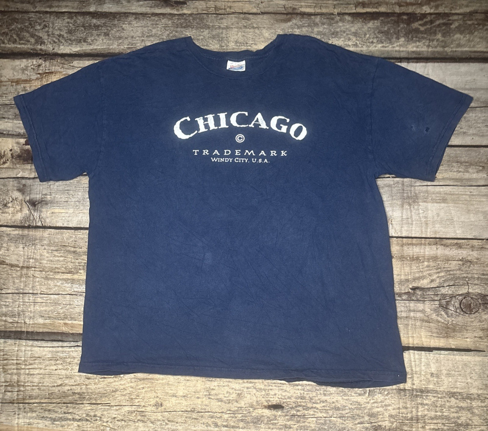 Y2K Hanes Heavyweight Chicago Navy Blue T Shirt Windy City Size 2XL